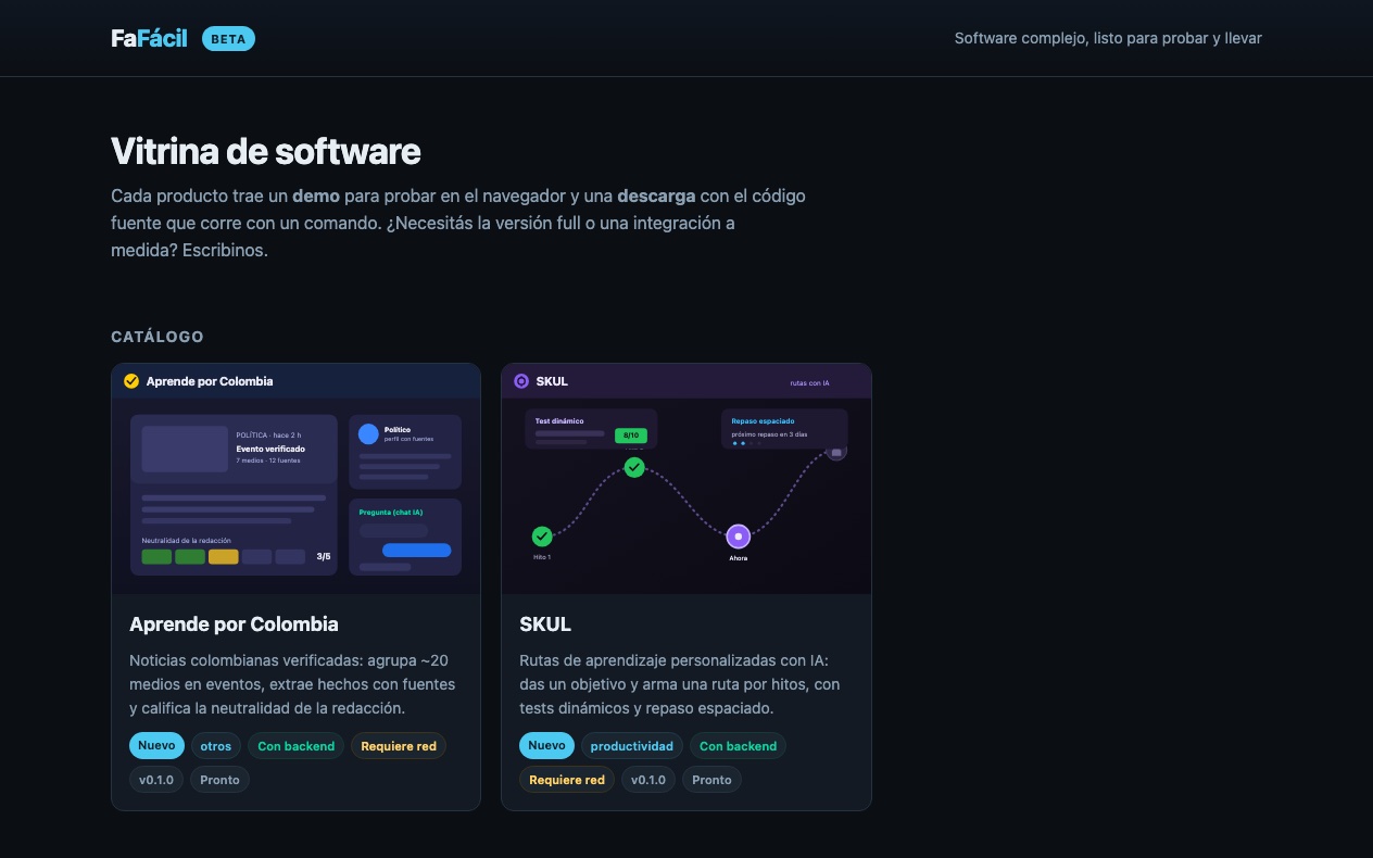 FaFácil — vitrina de software de appo & abbi con Aprende por Colombia y SKUL
